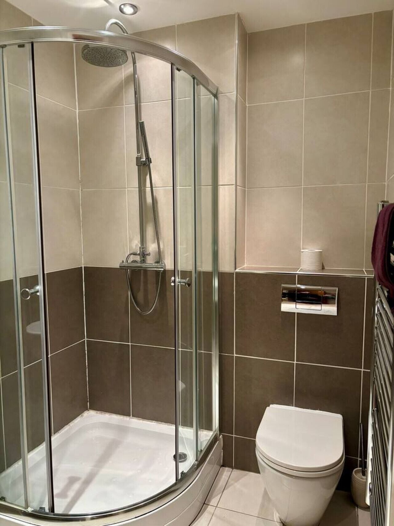 Ein modernes Badezimmer mit einer Duschkabine, einer Toilette und einem Handtuchhalter.