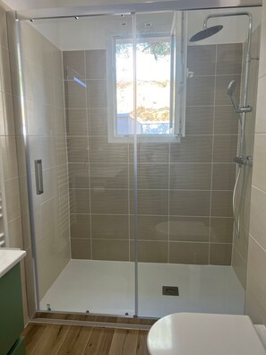 Shower, hair dryer, shampoo