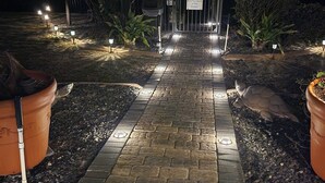 Un camino pavimentado que lleva a una entrada con puerta, bordeado por plantas en macetas e iluminado por luces en el suelo.