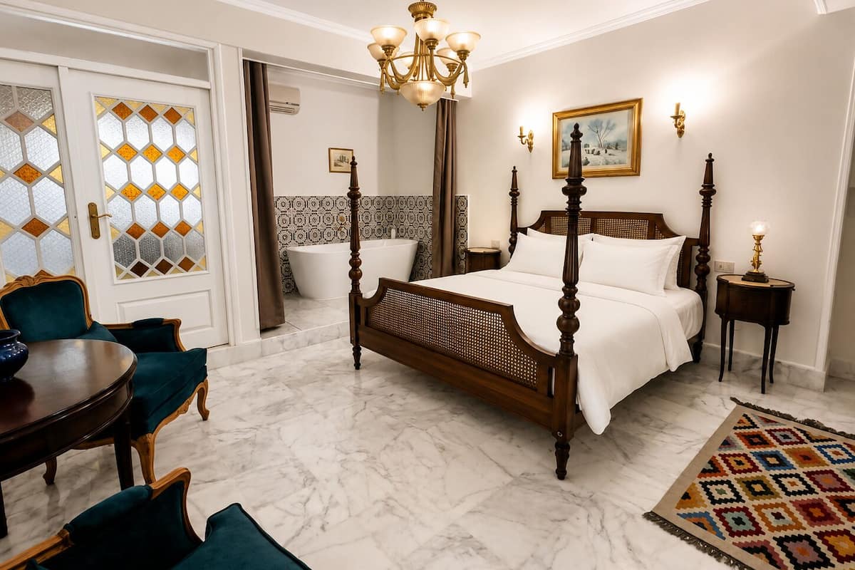 Golden Room | Egyptian cotton sheets, premium bedding, laptop workspace