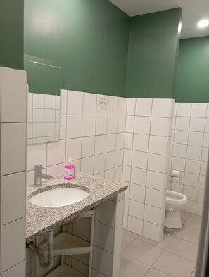Ein Badezimmer mit Granitwaschtisch, Spiegel, Toilette und grünen Wänden.
