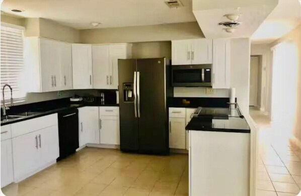 Fridge, microwave, oven, stovetop