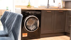 Une cuisine compacte dotée d’un lave-linge encastré, de meubles en bois et d’un plan de travail avec un évier et une plante.