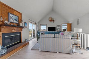 TV, fireplace, books