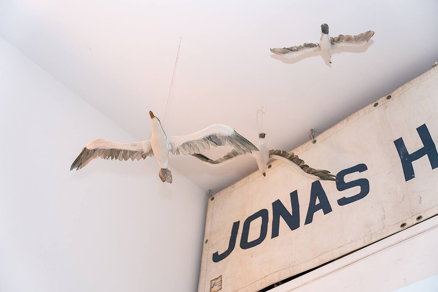 Eine Decke mit drei hängenden Vogelskulpturen und einem Schild mit dem Namen 