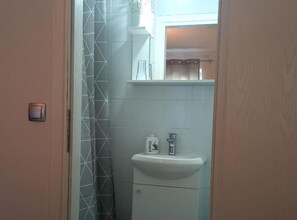 Une salle de bain avec un lavabo blanc, des toilettes et un espace douche.