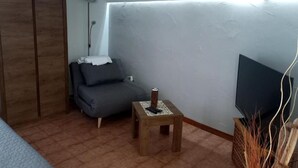 Una habitación pequeña y moderna con un sofá gris, una mesa de madera, un televisor y un armario.