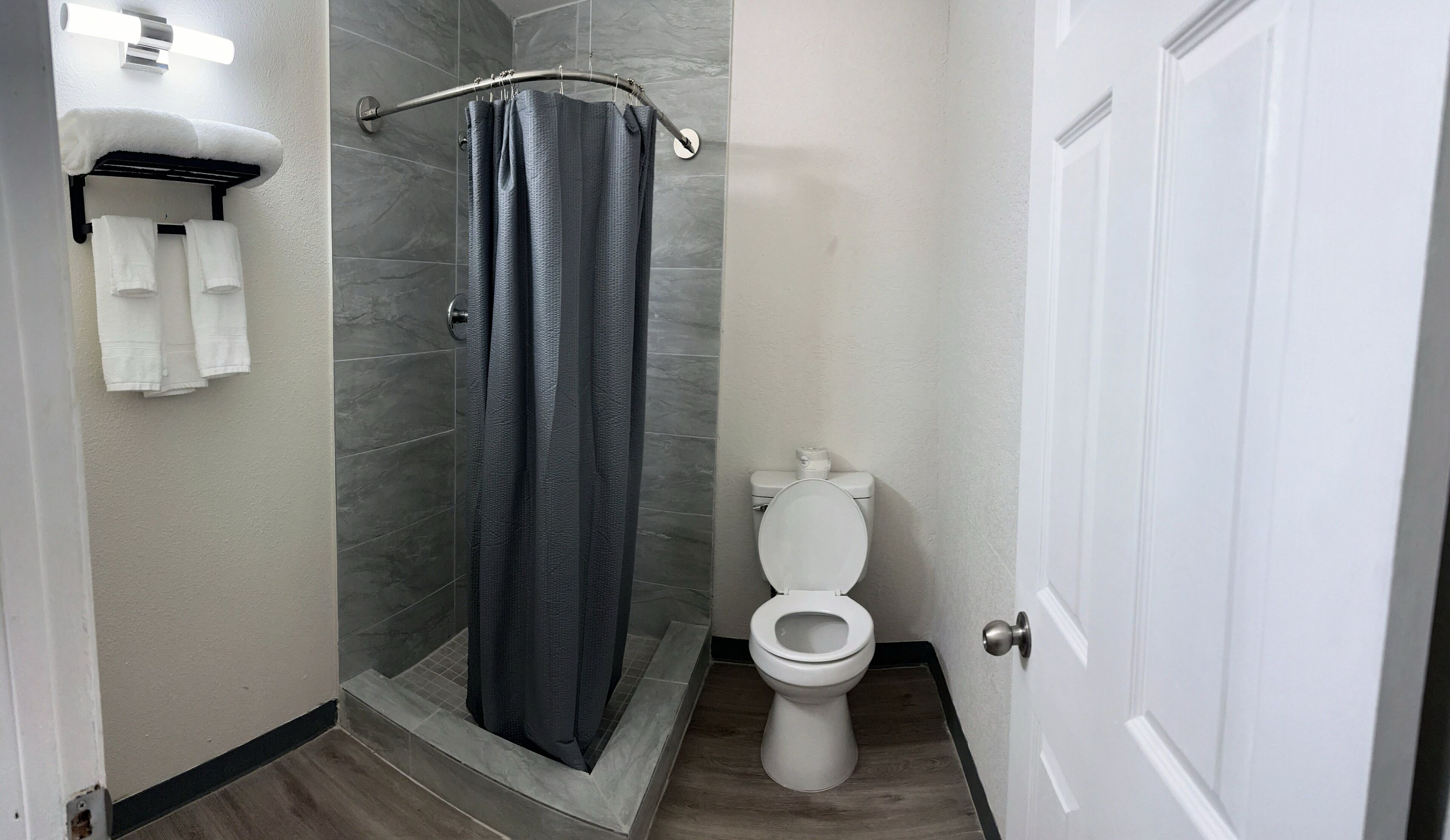 Shower, towels, soap, shampoo