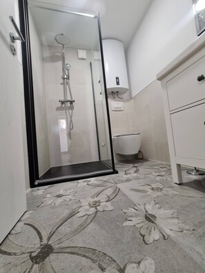 Shower, hair dryer, towels