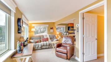 TV, fireplace, DVD player, books