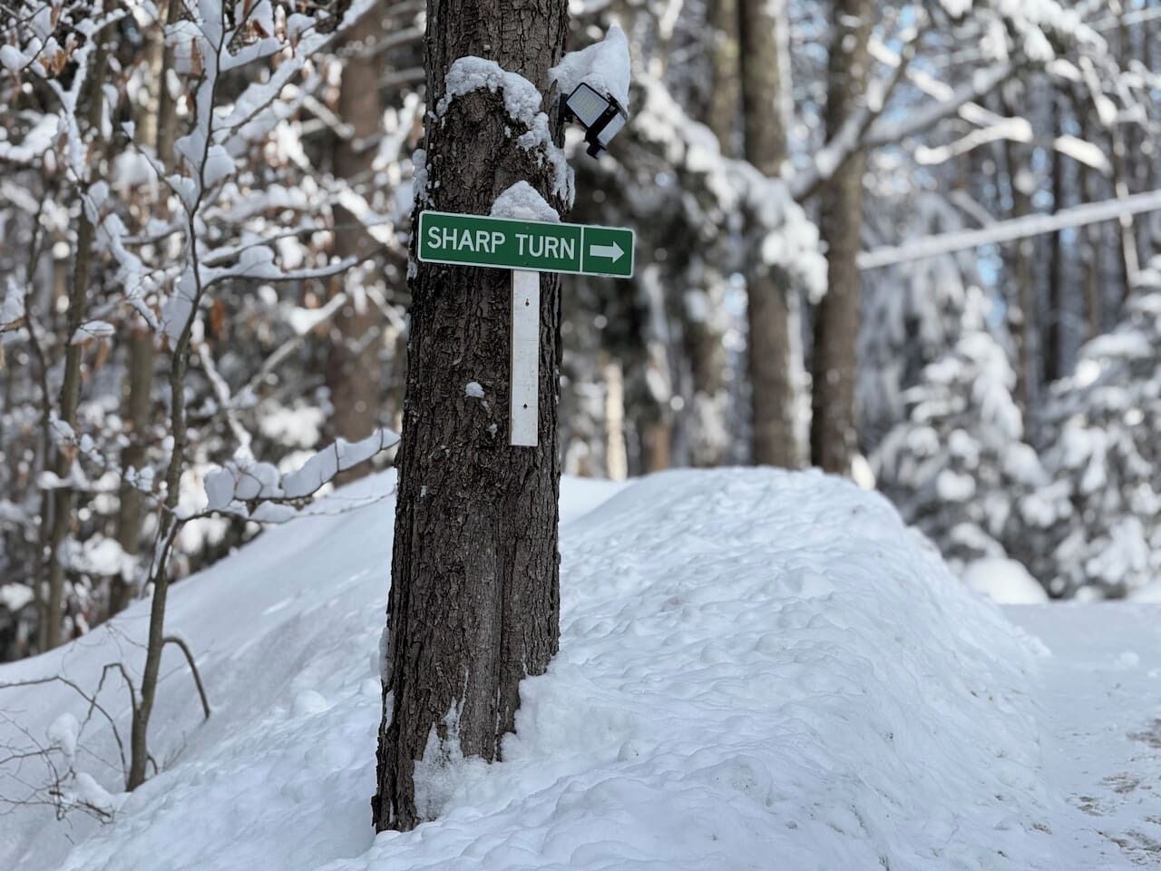 Ein verschneiter Straßenschild, das auf eine plötzliche Kurve hinweist.