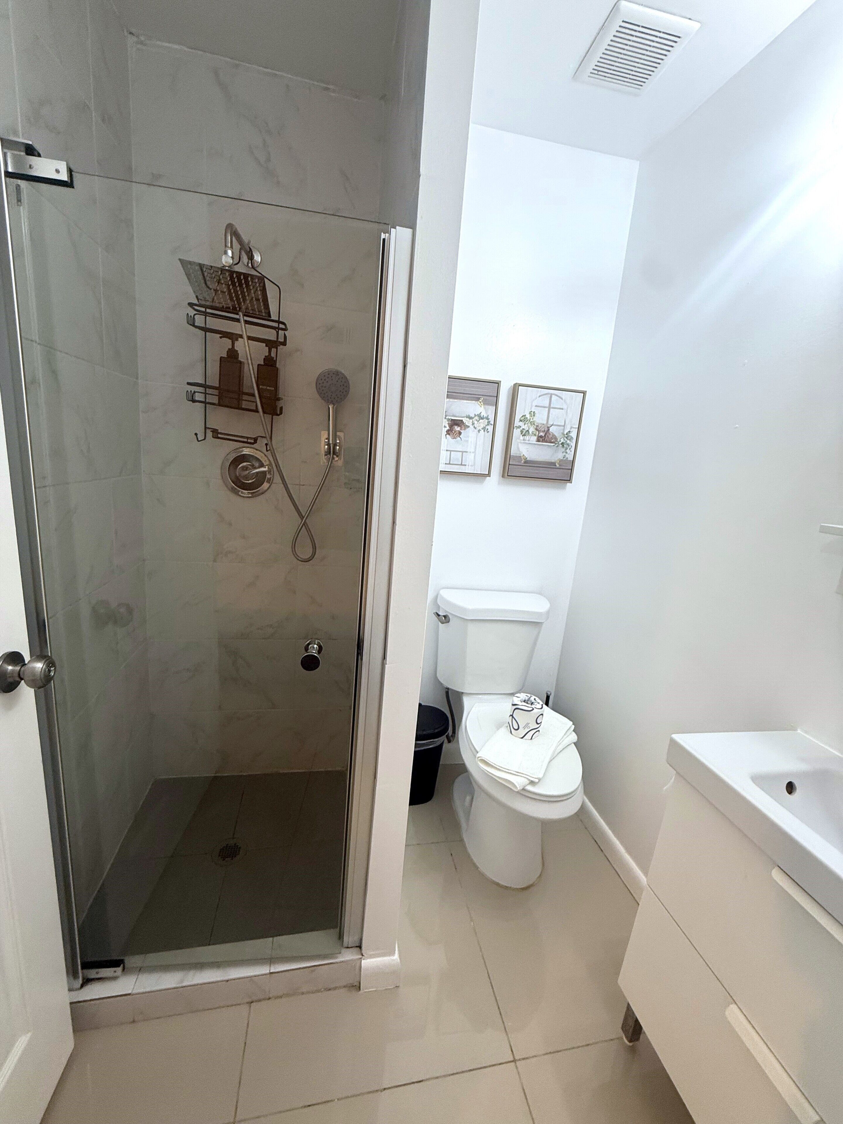 A modern bathroom with a glass-enclosed shower, a toilet, and a sink.