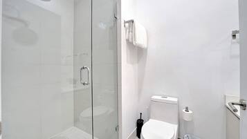 Shower, hair dryer, shampoo