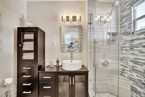 Shower, hair dryer, shampoo