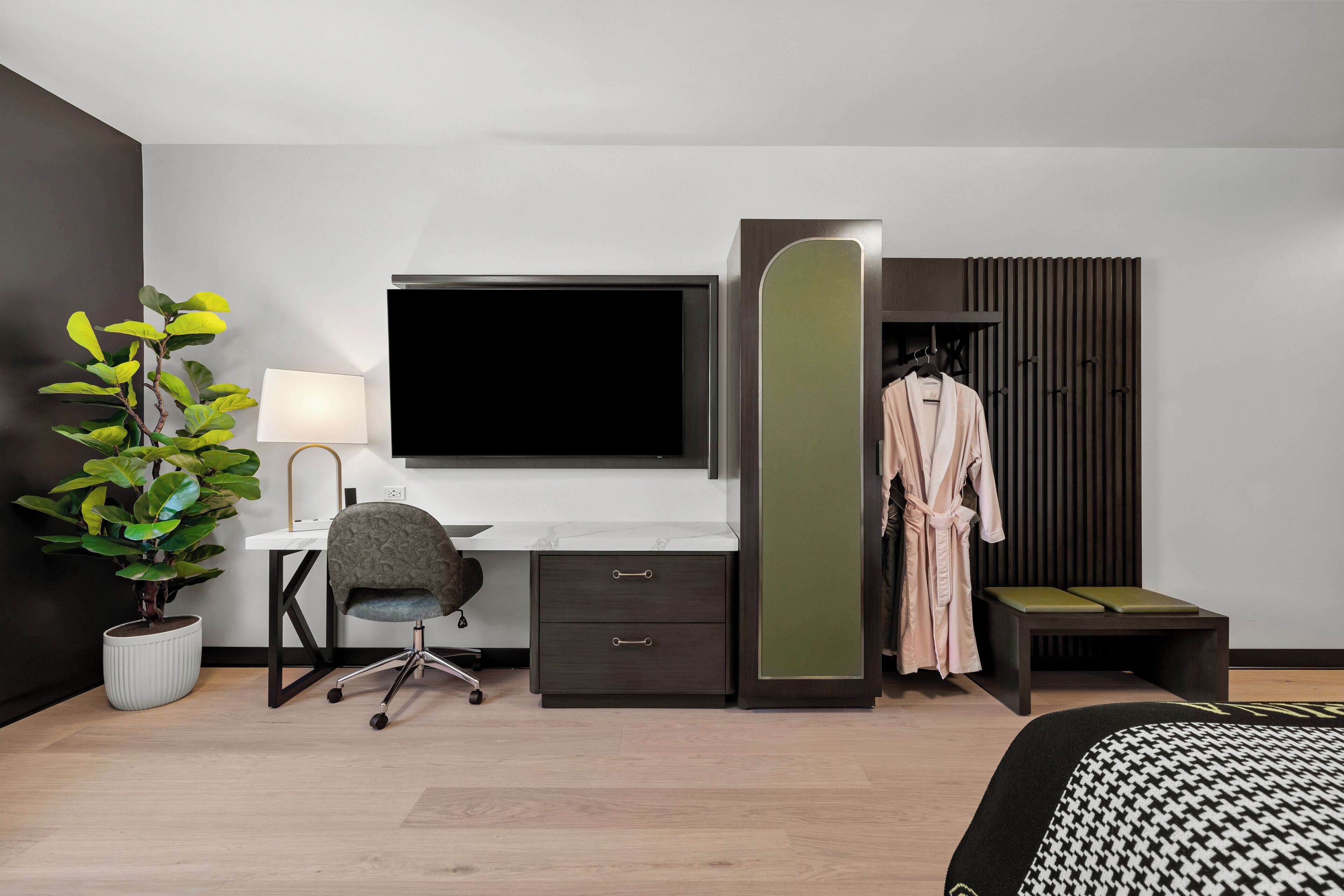 A modern hotel room with a desk, chair, TV, robe, and a plant.