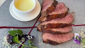 A plate of sliced meat with a side of sauce and garnishes.