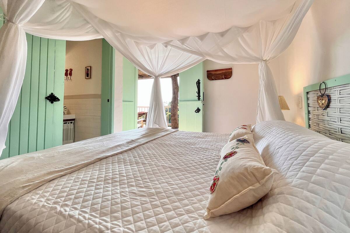 Un dormitorio con cama, dosel, puerta verde y vistas al exterior.