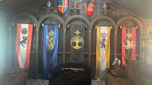 A room with four banners hanging on the wall, each with different heraldic designs. There is a black bean bag chair in the center of the room. - Kings Court (Dalton)