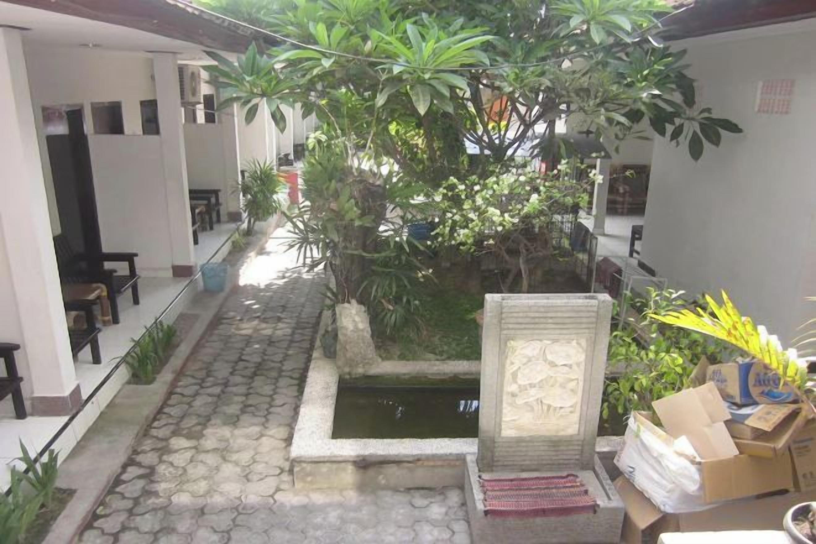 A courtyard with a small water feature, potted plants, and a stone bench.