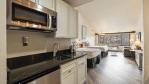 A modern kitchen with a built-in microwave, stainless steel appliances, and a black granite countertop. - Luxurious studio condo in lovely Durango, Colorado.  Stay and Play year round. (Durango)