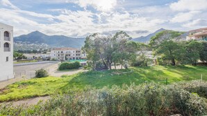 Un quartier résidentiel avec une pelouse verdoyante, des arbres et une montagne en arrière-plan.