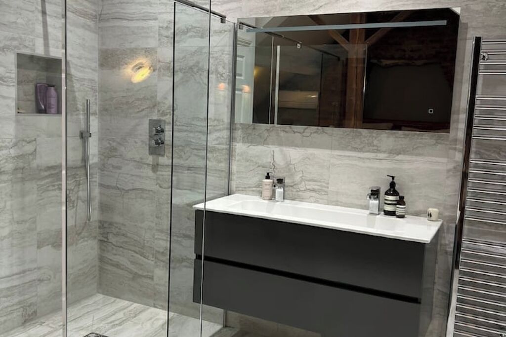 Shower, hair dryer, bidet, towels