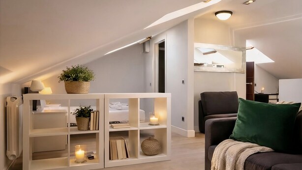 A modern loft bedroom with a sloped ceiling, built-in shelving, a cozy seating area, and a visible staircase. - Tico en Madrid - Ideal Para Parejas (Madrid)
