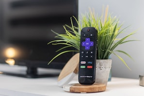 Eine schwarze Fernbedienung mit Tasten für Netflix, Hulu, Sling und Google Play auf einem Holzuntersetzer neben einem Blumentopf.