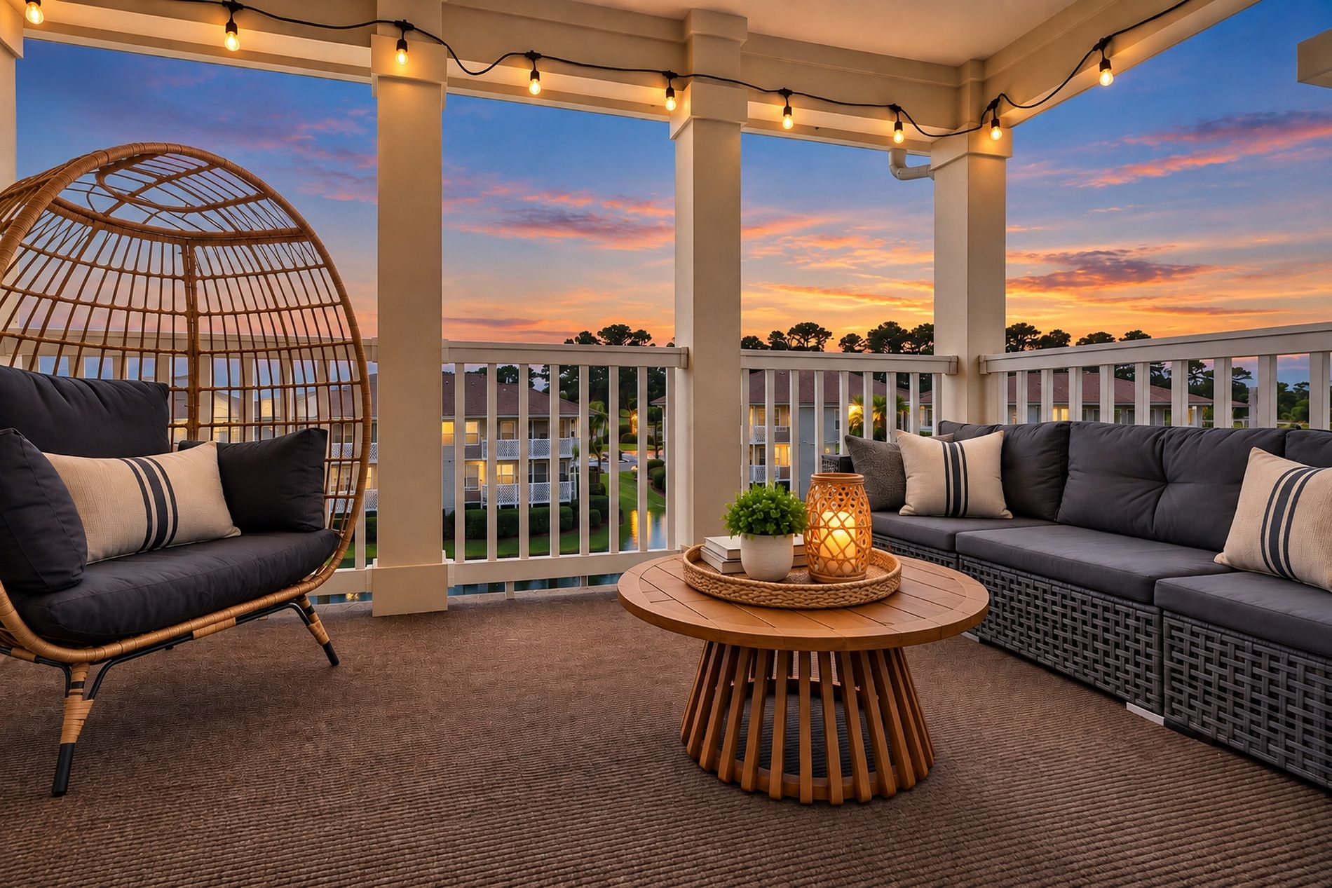 A covered outdoor seating area with a wicker chair, a sofa, and a round table with a plant and candle.