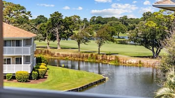 Una casa con porche y vista a un campo de golf y a un estanque.