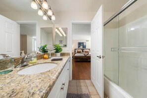 Hair dryer, towels, soap, shampoo