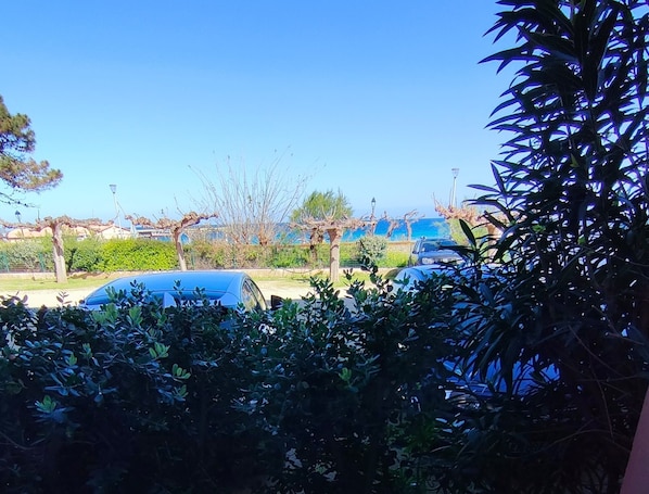 A parking area with cars and a view of a coastal landscape. - EXCELLENT LOCATION, 50 M FROM THE BEACH, 3-BEDROOM APARTMENT (Algajola)