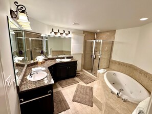 Shower, jetted tub, hair dryer, towels