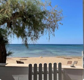Une vue sur la plage avec un arbre et une clôture.