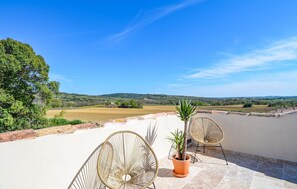 A terrace with two wicker chairs, a potted plant, and a view of a rural landscape.