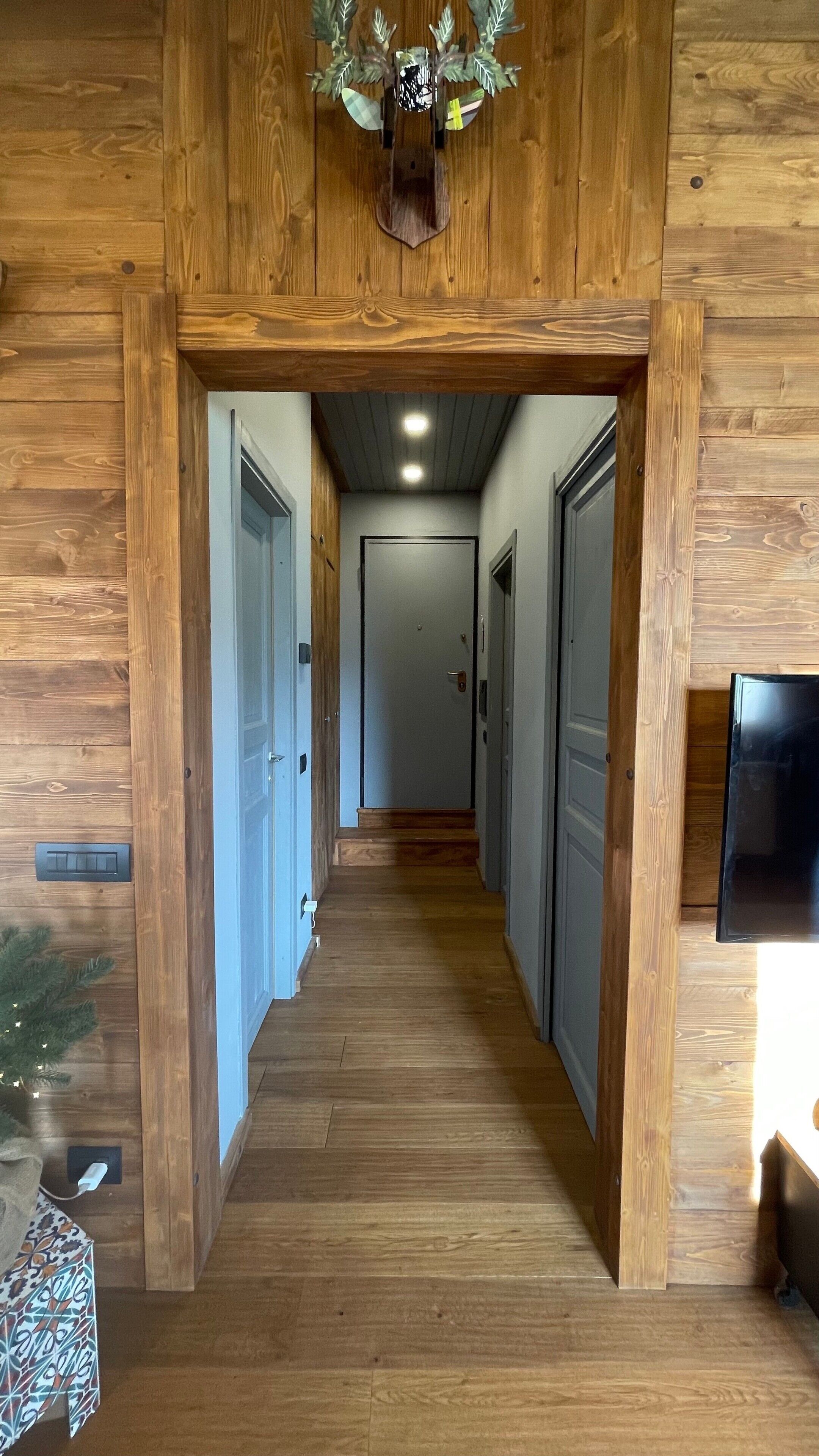 Un couloir en bois avec un luminaire fixé au plafond, une porte au fond et un téléviseur fixé au mur sur la droite.