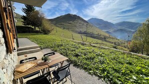 Une terrasse avec une table et des chaises, donnant sur une vallée bordée de montagnes et d’un lac.