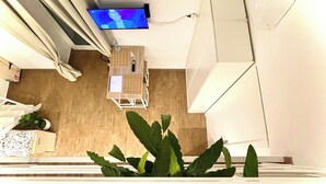 A room with a wooden floor, a TV mounted on the wall, a small table with a chair, and a potted plant in the foreground. - Cozy suite ideally located for visiting major sights (Bari)