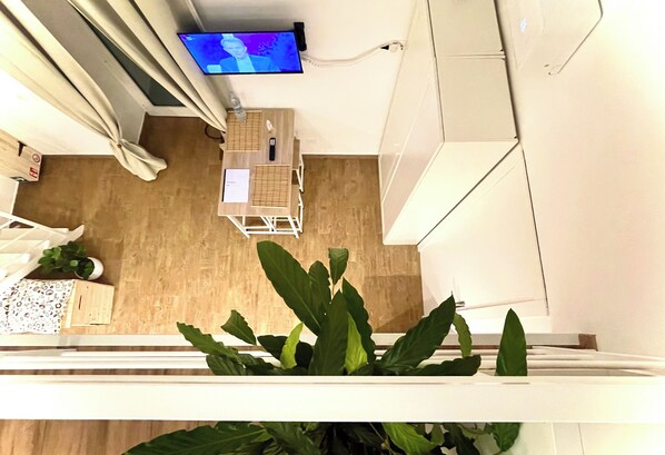 Une pièce avec un plancher en bois, un téléviseur fixé au mur, une petite table avec une chaise, et une plante en pot au premier plan.