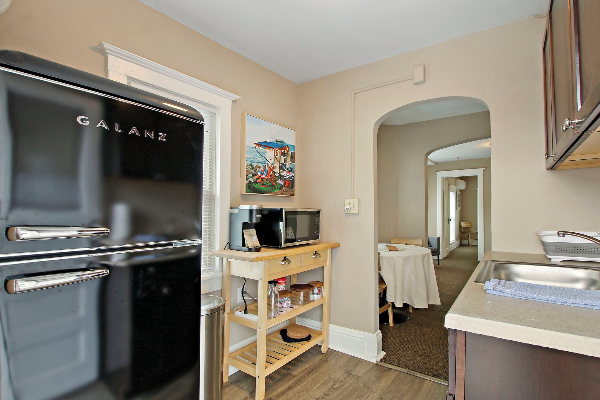 Fridge, microwave, coffee/tea maker, toaster