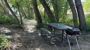 Una mesa de picnic con una parrilla en un área boscosa.