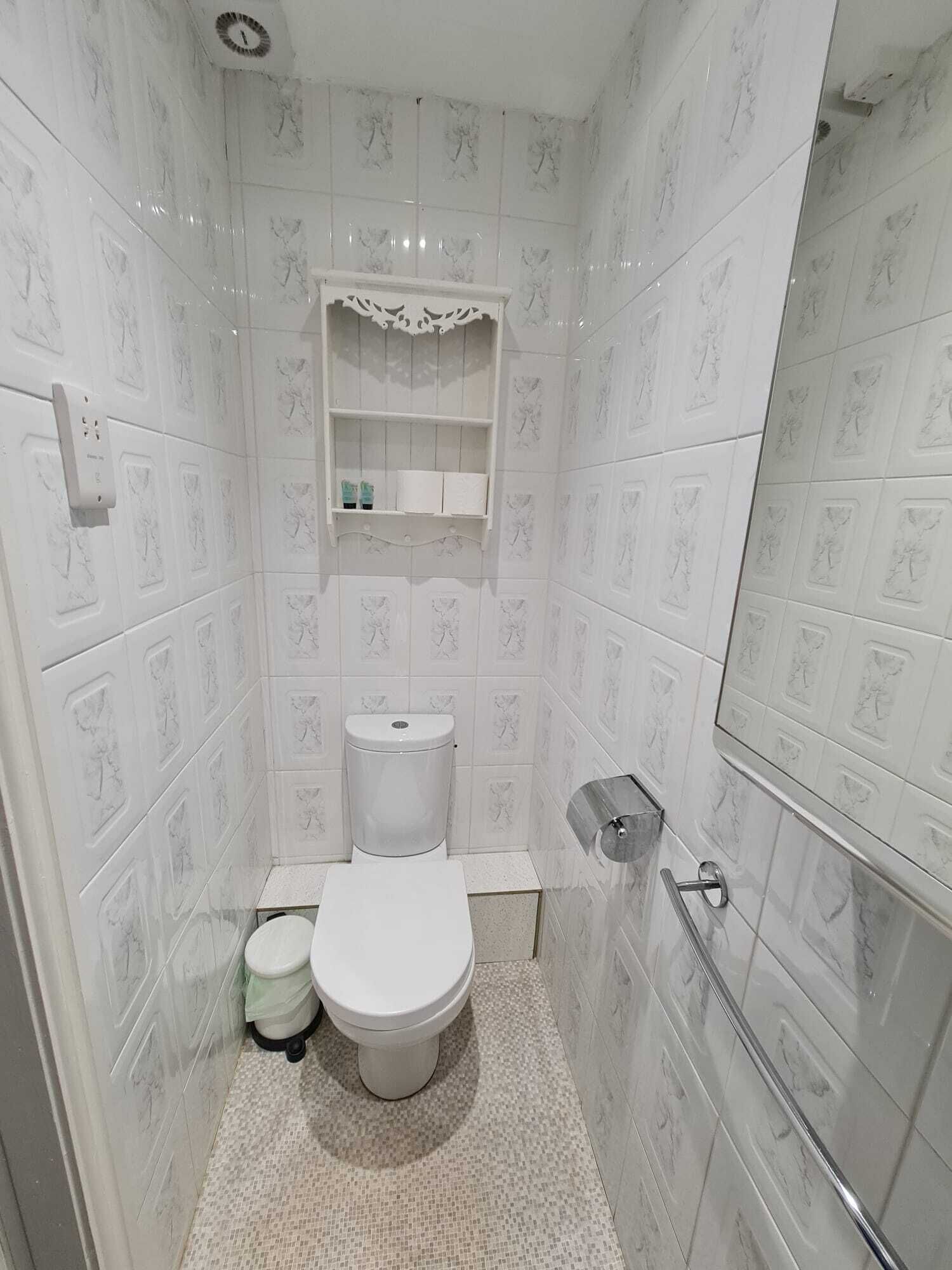 A bathroom with a toilet, a sink, a mirror, and a shower area.