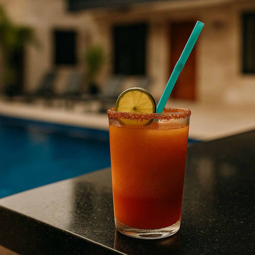 A glass of a red beverage with a lime garnish and a blue straw, placed on a black surface near a pool.