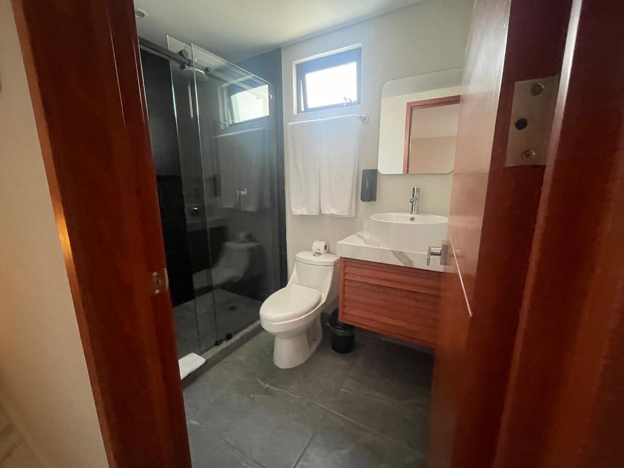 A bathroom with a glass shower enclosure, a toilet, a sink, and a mirror.