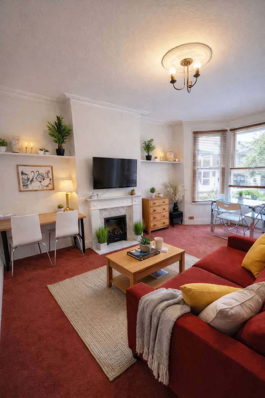 Smart TV, chimenea y oficina 