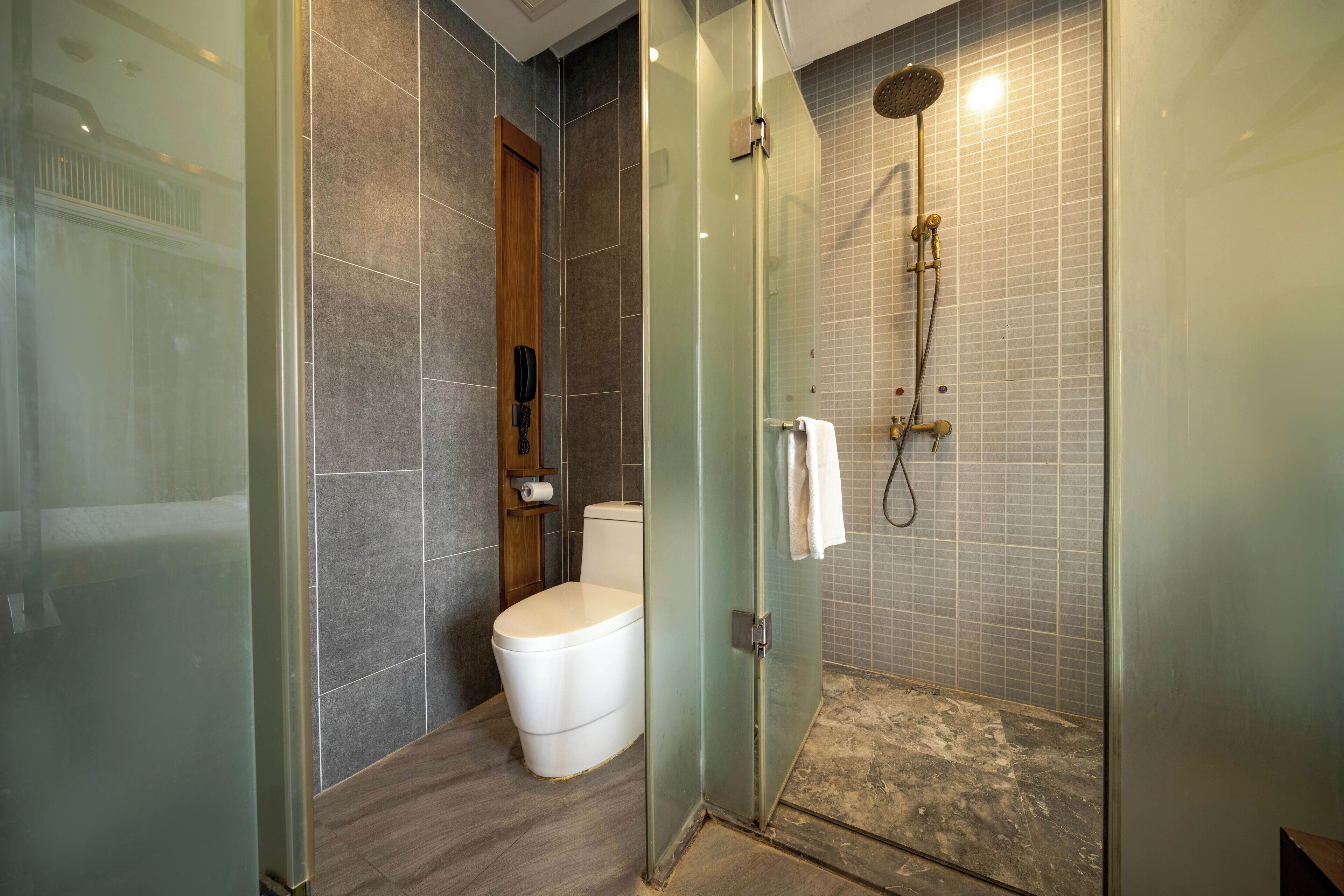A modern bathroom with a glass-enclosed shower, a toilet, and a wooden door.