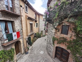 Una estrecha calle adoquinada bordeada por edificios de piedra con balcones, una bandera y plantas en macetas.