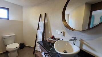 Un baño con inodoro, lavamanos, espejo y toallero.
