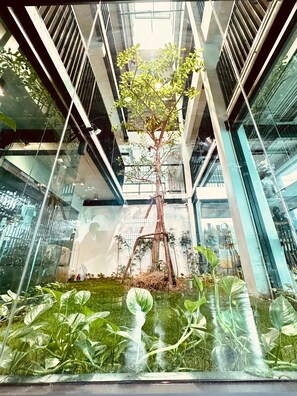 A modern atrium with a central tree, glass walls, and a reflective floor.