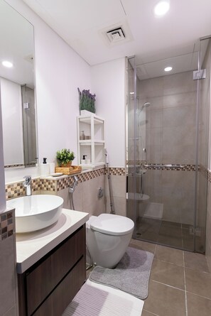 Hair dryer, towels, toilet paper